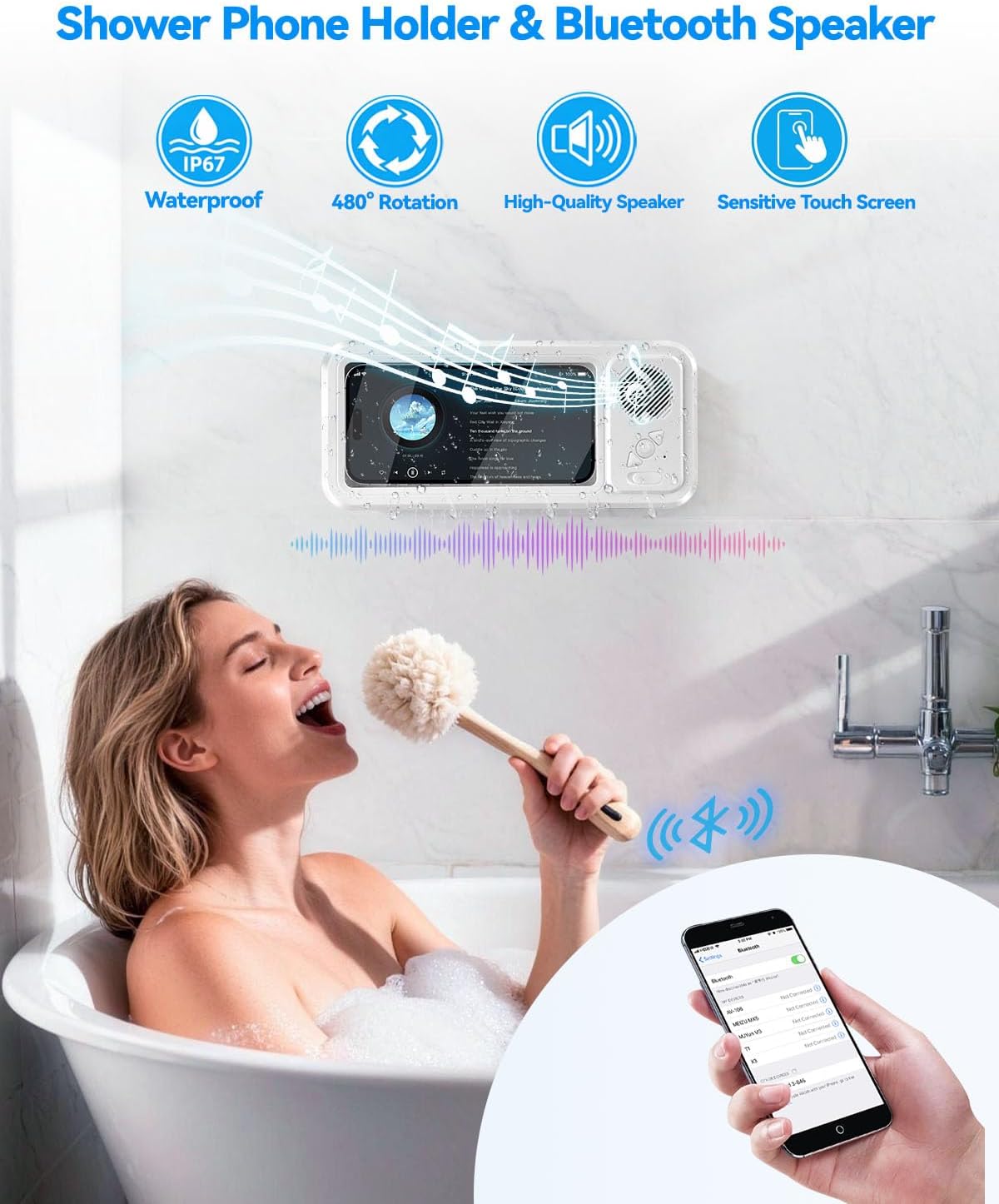 Shower Phone Holder with Wireless Bluetooth Speaker