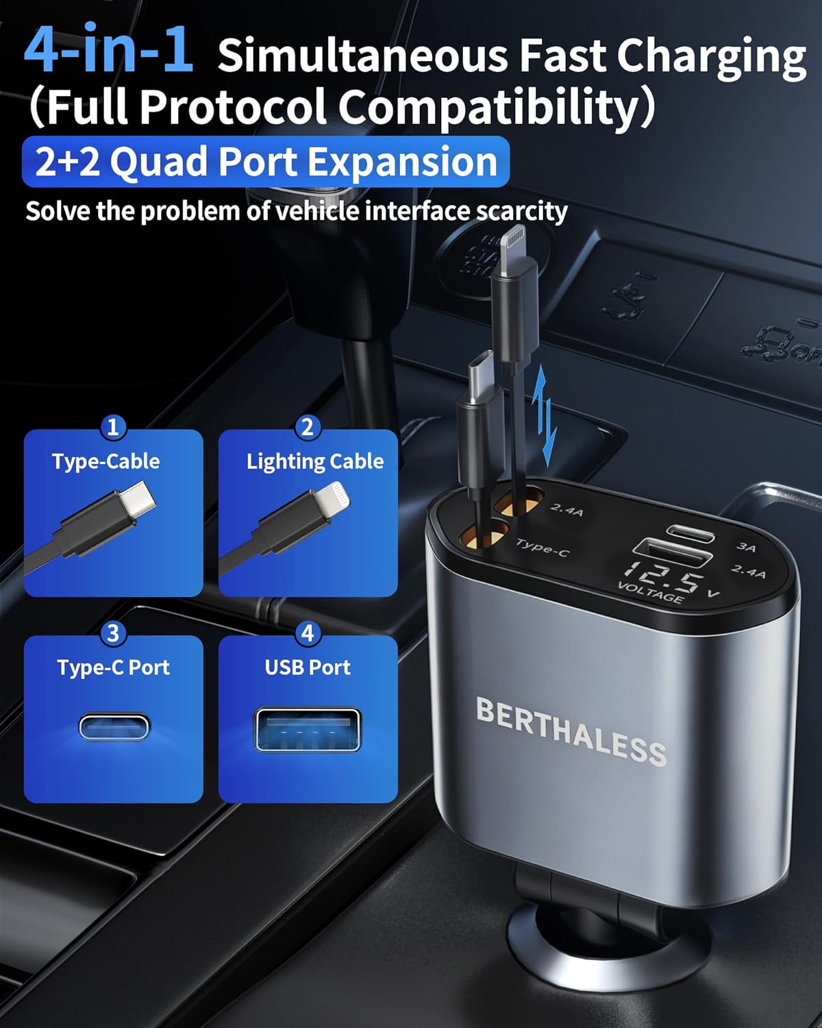 4 in 1 Fast Charging Car Charger